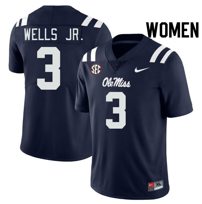 Women #3 Antwane Wells Jr. Ole Miss Rebels College Football Jerseys Stitched-Navy